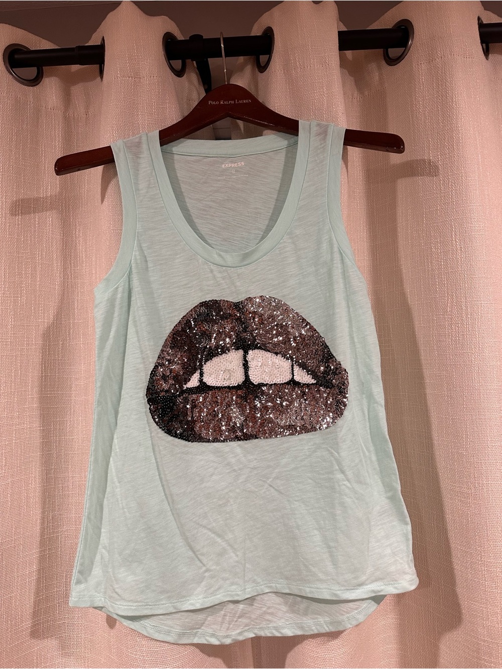 Express Mint Tank Top with Sequin Lip Graphic